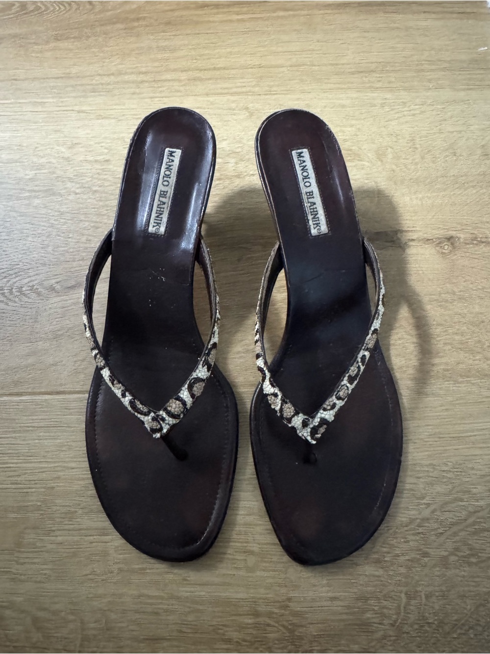 Manolo Blahnik Brown Leather Thong Sandals with Cheetah-Print Straps